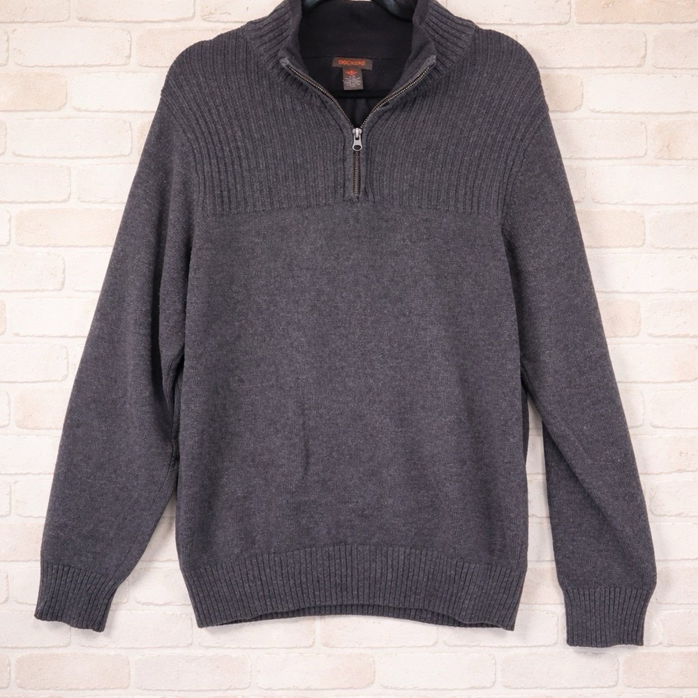 DOCKERS Sweater Men's Large 1/4 Zip Mock Neck Cotton Gray‎ Sz L Coastal Casual
